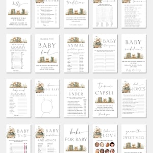 May include: A set of baby shower game cards with themes such as "Mommy's Belly," "Would She Rather," and "Family Traditions." The cards are decorated with illustrations of books and floral designs, and the text is in a delicate, handwritten style.