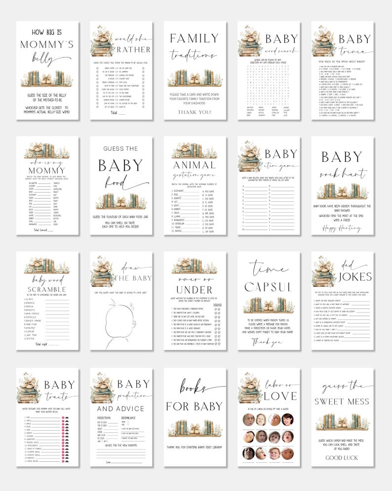 May include: A set of baby shower game cards with themes such as "Mommy's Belly," "Would She Rather," and "Family Traditions." The cards are decorated with illustrations of books and floral designs, and the text is in a delicate, handwritten style.