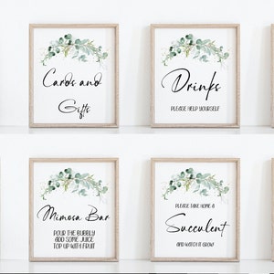 May include: Eight printable signs with a eucalyptus greenery design and black calligraphy text. The signs read: "Babies are Sweet, Please Take a Treat", "Cards and Gifts", "Drinks, Please Help Yourself", "Favors, Please Take One", "Food, Please Enjoy", "Mimosa Bar, Pour the Bubbly and Some Juice, Top Up with Fruit", "Please Take Home a Succulent and Watch it Grow", and "Welcome, We're So Glad You're Here".