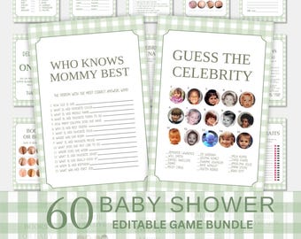Printable Baby Shower Games Bundle, Sage green Baby Shower Games Bundle, Gender neutral Shower, Editable Templates