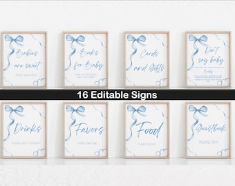 Blue bow Baby Shower Sign Bundle,Boy Baby Shower Bundle,Editable Sign Bundle,Pacifier Hunt,Books for Baby,Guestbook,Late night diaper