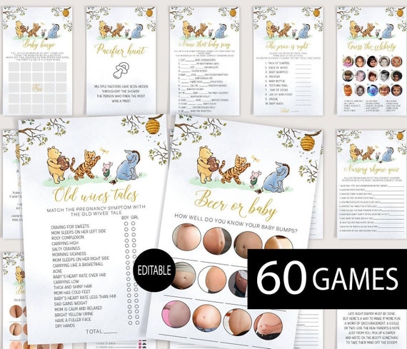 Winnie the Pooh Baby Shower,Editable Games Bundle,Gender neutral Baby Shower,60 Games Included and Answer Sheets,Classic Winnie the Pooh
