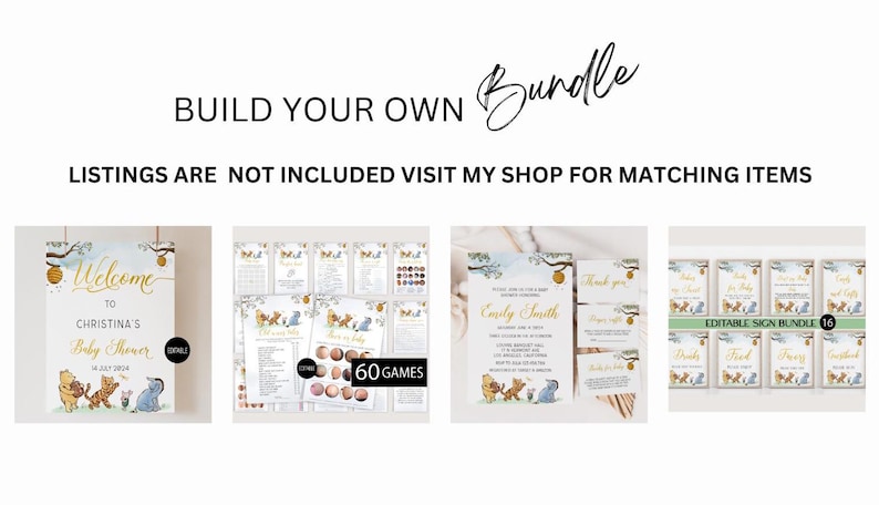May include: A Winnie the Pooh themed baby shower printable bundle with a welcome sign, games, invitations, and table signs. The bundle includes 60 games and 16 editable signs.