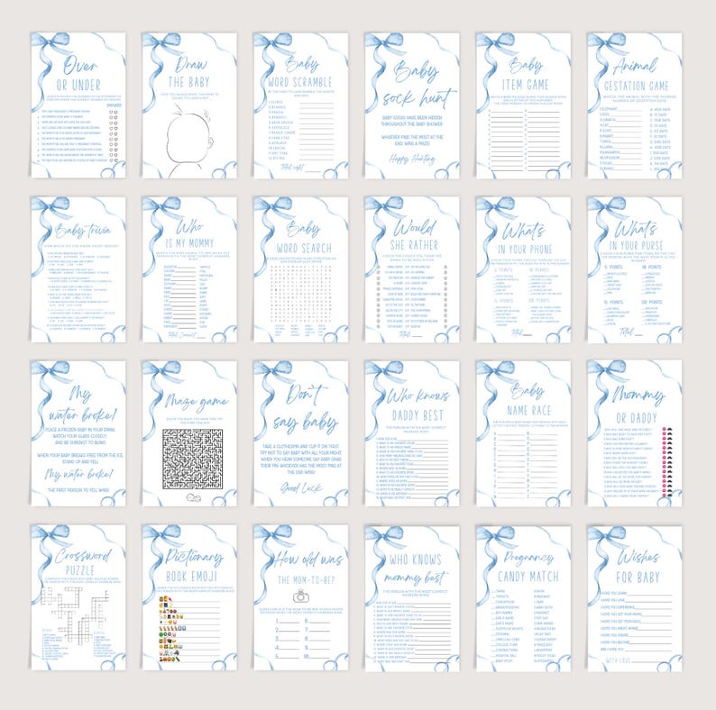 May include: A set of 12 printable baby shower game cards featuring blue watercolour ribbons and text. The games include "Over or Under", "Draw the Baby", "Baby Word Scramble", "Baby Sock Hunt", "Baby Item Game", "Animal Gestation Game", "Baby Trivia", "Who is My Mommy", "Baby Word Search", "Would She Rather", "What's in Your Phone", "What's in Your Purse", "My Water Broke", "Maze Game", "Don't Say Baby", "Who Knows Daddy Best", "Baby Name Race", "Mommy or Daddy", "Crossword Puzzle", "Pictionary Book Emoji", "How Old Was the Mom-to-Be", "Who Knows Mommy Best", "Pregnancy Candy Match", and "Wishes for Baby".