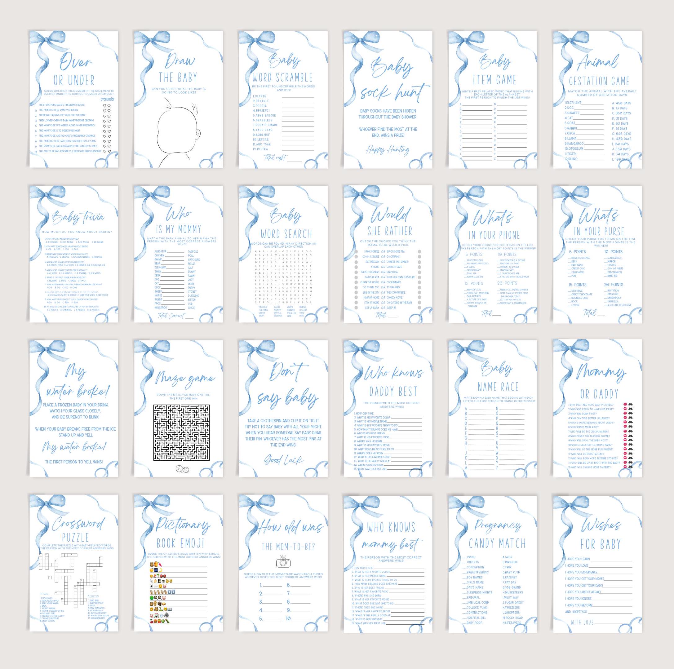 Boy Baby Shower Games,blue Bow Baby Shower Theme,editable Game Bundle ...