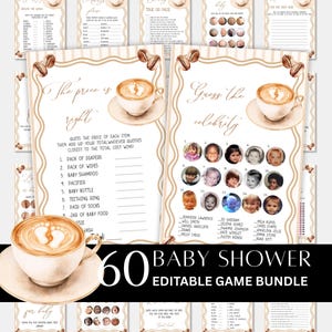 May include: A collection of baby shower games with a coffee theme. The games include "The Price is Right," "Guess the Celebrity," and others. The bundle is labeled "60 Baby Shower Editable Game Bundle."