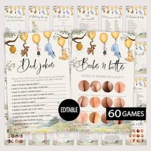 Fête prénatale Winnie l'ourson, Lot de jeux modifiables, Fête prénatale non sexiste, 60 jeux inclus et feuilles de réponses, Classique Winnie l'ourson