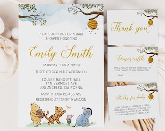 Invitation Shower Bundle,Winnie the Pooh Invitation Template,Baby Shower Invitation,Books for Baby Card,Diaper raffle Card,Editable