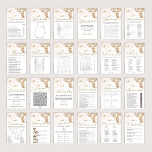May include: A set of 16 printable baby shower game cards featuring a cute teddy bear in a hot air balloon with gold stars and clouds. The games include "Over or Under", "Draw the Baby", "Baby Word Scramble", "Baby Sock Hunt", "Baby Item Guessing Game", "Who Knows Mommy Best", "Baby Name Race", "Mommy or Daddy", "My Water Broke", "Don't Say Baby", "How Old Was The Mom To Be", "Who Knows Daddy Best", "Pregnancy Candy Match", "Wishes for Baby", "Crossword Puzzle", "Baby Book Bingo", "What's in Your Phone", "What's in Your Purse", "Would She Rather", "Baby Shower Bingo", "Who is My Mommy", "Would You Rather", "Baby Shower Bingo".
