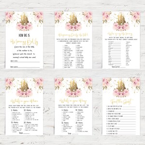 May include: A set of printable baby shower game cards featuring a pink and gold castle design. The games include "How Big is Mommy's Belly", "Pregnancy Candy Match", "Who is My Mommy", "What's in Your Phone", "What's in Your Purse", and "Find the Guest".