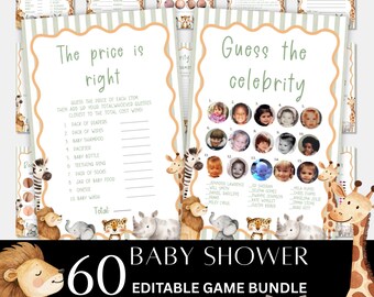 Safari Baby Shower Games Bundle, Boho Jungle Editable Party Printables (Digital Download)