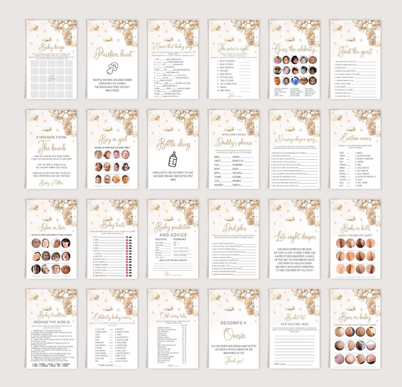 Neutral Baby shower games, Cute Bear Baby Shower Bundle,60 Baby Shower Games included and Answer sheets,Balloon Baby Shower Games image 3