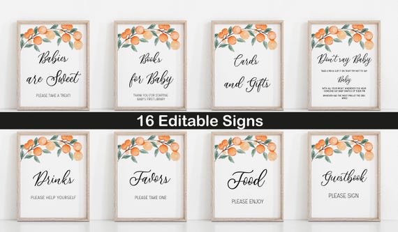 Little cutie Baby Shower Games,Orange Baby Shower Table Sign,Editable Baby Shower Signs,16 Signs Included