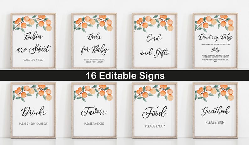 May include: Set of 16 printable baby shower signs featuring orange and green watercolor citrus illustrations. The signs include text such as "Babies are Sweet", "Books for Baby", "Cards and Gifts", "Don't Say Baby", "Drinks", "Favors", "Food", and "Guestbook".