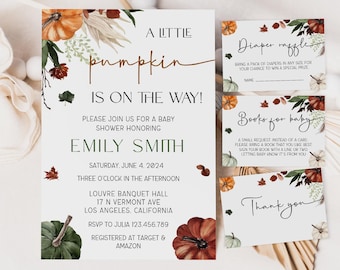Un pequeño paquete de invitación de calabaza, plantilla de invitación de baby shower de otoño, libros editables para tarjeta de bebé, tarjeta de rifa de pañales, tarjeta de agradecimiento