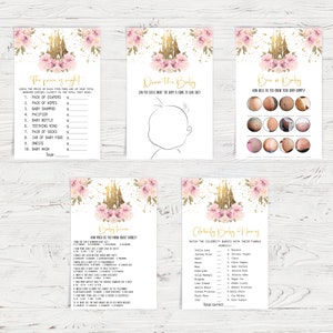 May include: A set of printable baby shower game cards with a pink and gold castle theme. The games include "The Price is Right", "Draw the Baby", "Boy or Girl", "Baby Trivia", and "Celebrity Baby Names".