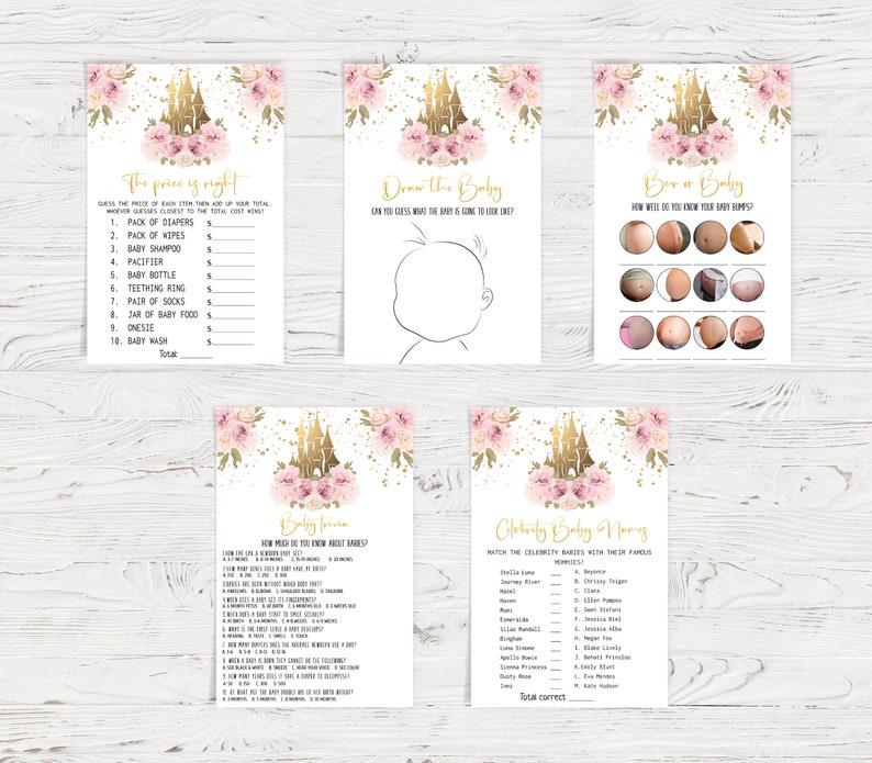 May include: A set of printable baby shower game cards with a pink and gold castle theme. The games include "The Price is Right", "Draw the Baby", "Boy or Girl", "Baby Trivia", and "Celebrity Baby Names".