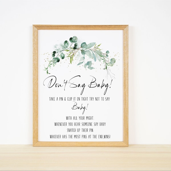 Don't say Baby Sign,Eucalyptus Baby Shower Sign,Funny Baby Shower Game,Printable Sign,Greenery Baby Shower Sign