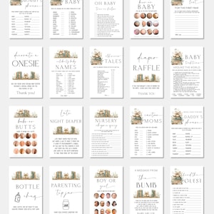 May include: A set of baby shower game cards with a watercolour illustration of a rabbit reading books. The cards include games such as "Mommy's Phrase," "Baby Names," and "Diaper Raffle."