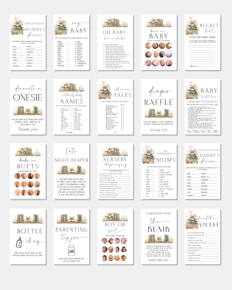 May include: A set of baby shower game cards with a watercolour illustration of a rabbit reading books. The cards include games such as "Mommy's Phrase," "Baby Names," and "Diaper Raffle."