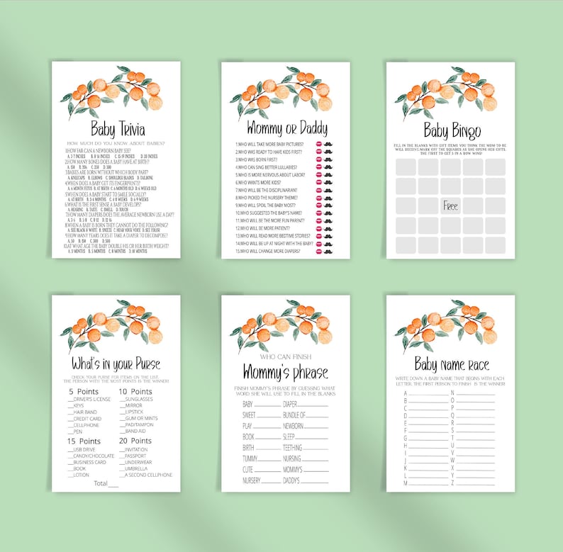 Little Cutie Baby Shower Game Bundle, Orange Baby Shower Game Pack,Neutral Game Bundle,The price is right,Would she rather,Baby Prediction image 2