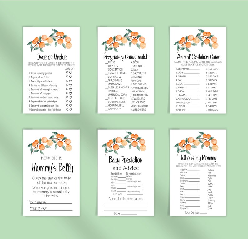 Little Cutie Baby Shower Game Bundle, Orange Baby Shower Game Pack,Neutral Game Bundle,The price is right,Would she rather,Baby Prediction image 3