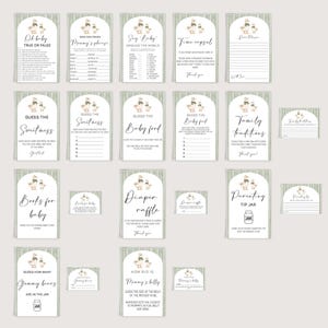May include: Baby shower game cards with a green and white checked pattern. The cards include games such as "Oh baby True or False" and "Guess the Sweetmess". Each card is decorated with a duck illustration.