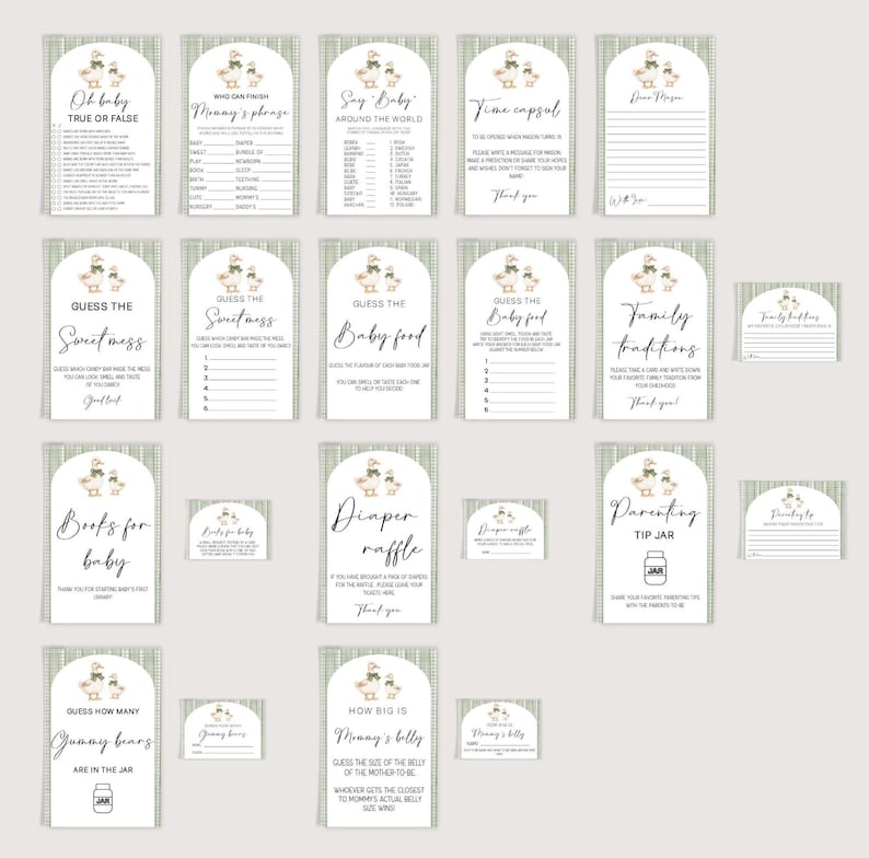 May include: Baby shower game cards with a green and white checked pattern. The cards include games such as "Oh baby True or False" and "Guess the Sweetmess". Each card is decorated with a duck illustration.