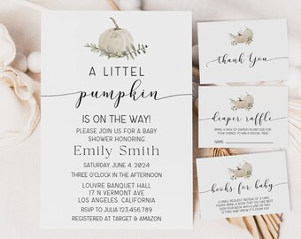 Paquete de invitación minimalista, invitación de baby shower de calabaza, baby shower de género neutro, invitación editable, libros para bebé, tarjeta de rifa de pañales
