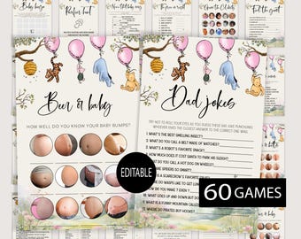 Girl Baby Shower Games,Winnie the pooh Baby Shower Bundle,Printable Baby Shower Games,Editable Instant download,Answer Sheets Included