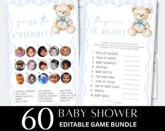 Teddy Bear Shower Games Bundle-Boy Blue theme -Editable Template