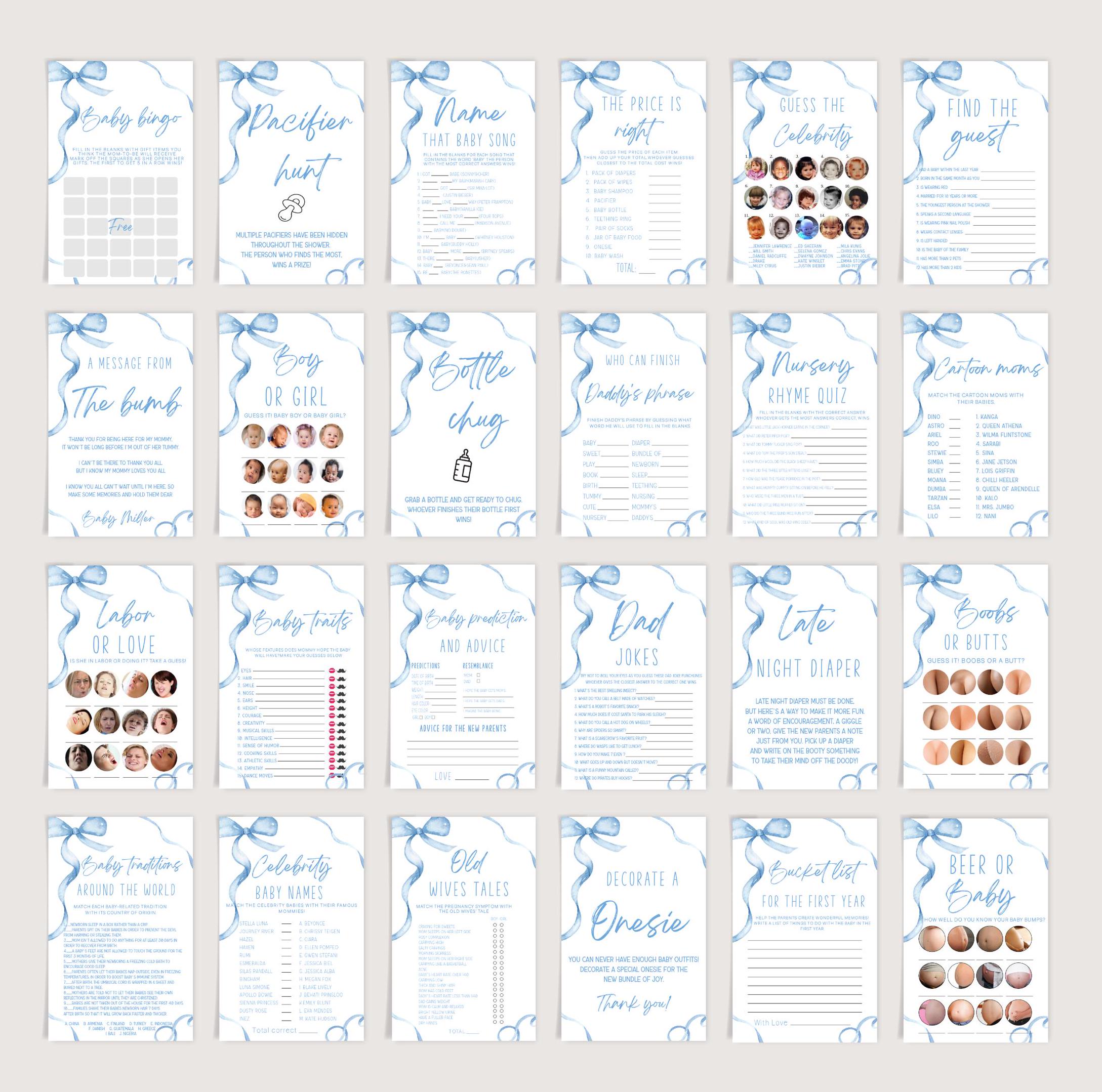 Boy Baby Shower Games,blue Bow Baby Shower Theme,editable Game Bundle ...