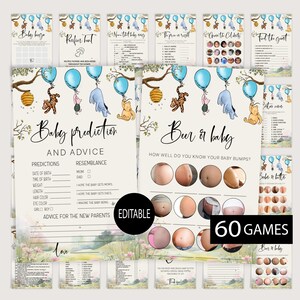 May include: A set of 60 printable baby shower games featuring Winnie the Pooh and friends. The games include "Baby Bingo", "Pacifier Hunt", "Name That Baby Song", "The Price is Right", "Guess the Celebrity", "Find the Guest", "Baby Prediction and Advice", "Beer or Baby", "Guess Our Name", "Who Knows Mommy Best", "Bake It or Bottle It", and "Love You More Than..." The games are designed in a light blue and green colour scheme with a watercolour background.