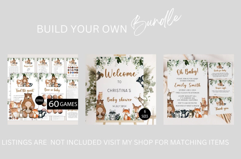 May include: A printable baby shower bundle with a woodland theme. The bundle includes 60 games, a welcome sign, invitations, and thank you cards. The design features a brown bear, fox, raccoon, owl, and deer with green foliage.