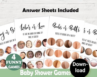 Juegos modernos para baby shower, divertidos juegos, paquete de actividades rústicas para baby shower, descarga instantánea imprimible, parto o amor, pechos o traseros