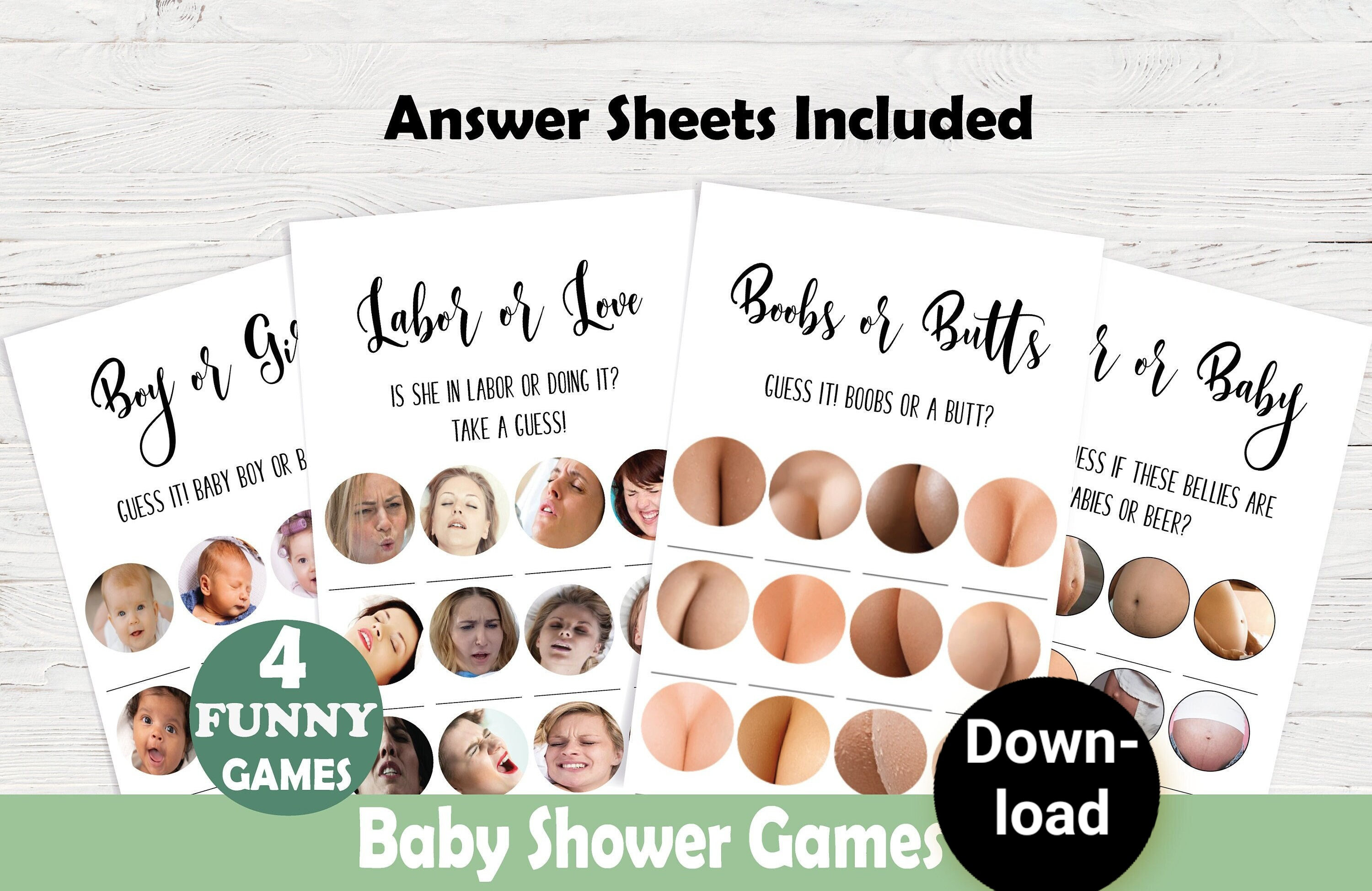 Modern Baby Shower Games,funny Game Set,rustic Baby Shower Activity  Package,printable Instant Download,labor or Love,boobs or Butts 