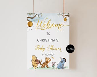 Winnie the Pooh Baby Shower Welcome Sign,Editable Welcome Sign,Baby Shower Welcome Sign,Classic Winnie the Pooh Sign Template