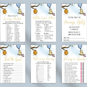 May include: A set of printable baby shower game cards featuring Winnie the Pooh and honeycombs. The games include "Pregnancy Candy Match", "What's in Your Phone", "How Big is Mommy's Belly", "Find the Guest", "Who is My Mommy", and "Mommy or Daddy".