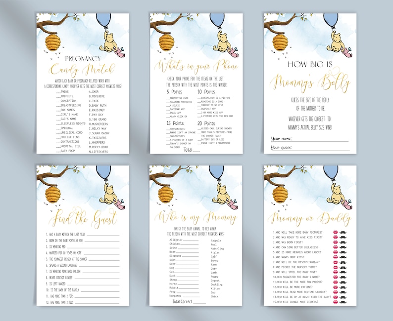 May include: A set of printable baby shower game cards featuring Winnie the Pooh and honeycombs. The games include "Pregnancy Candy Match", "What's in Your Phone", "How Big is Mommy's Belly", "Find the Guest", "Who is My Mommy", and "Mommy or Daddy".