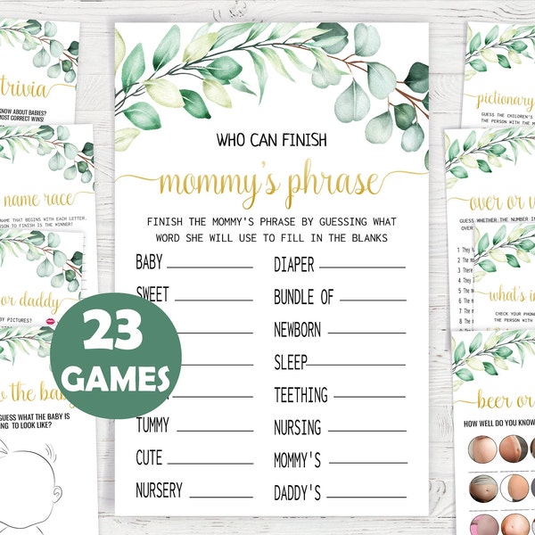 Eucalyptus Baby Shower Game,Printable Baby Shower Game Bundle,Gold Greenery Baby Shower Games,Printable Game Bundle,Instant download