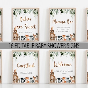 Cartelli Woodland, Cartelli Woodland Baby Shower, Pacchetto da 16 cartelli, Cartello Libri per bambini, Cartello Mimosa Bar, Cartello Biglietti e regali, Cartello Bomboniere, Woodland