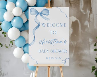 Blue Bow Baby Shower Welcome Sign,Boy Baby Shower Welcome Sign,Its a Boy Baby Shower Theme,Editable Welcome Sign