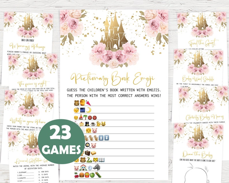 May include: A set of 23 printable baby shower games featuring a pink and gold castle theme. The games include "Who Can Finish Mommy's Phrase", "The Price is Right", "What's in Your Phone", "Animal Gestation Game", "Pictionary Book Emoji", "Baby Word Scramble", "Celebrity Baby Names", and "Draw the Baby".