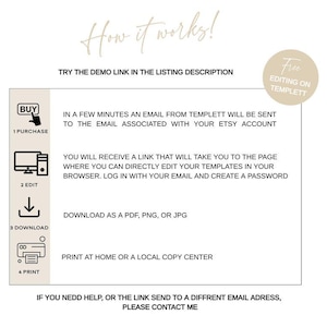 May include: A white graphic with text explaining how to use a template, including purchasing, editing, downloading as PDF, PNG, or JPG, and printing. The graphic also includes the text "How it works!" and "Free Editing on Templett."