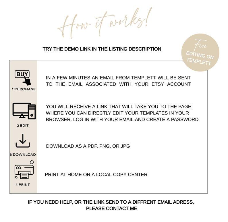 May include: A white graphic with text explaining how to use a template, including purchasing, editing, downloading as PDF, PNG, or JPG, and printing. The graphic also includes the text "How it works!" and "Free Editing on Templett."