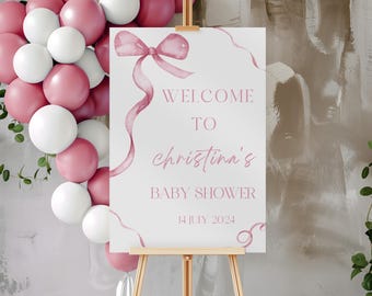 Letrero de bienvenida para baby shower con lazo rosa, Letrero de bienvenida para baby shower de niña, Tema de baby shower de niña, Letrero de bienvenida editable