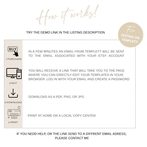 May include: A white graphic with instructions for a digital product, including purchase, edit, download, and print steps. The text reads "How it works!" and "Free editing on Templett". The image is designed to guide users.
