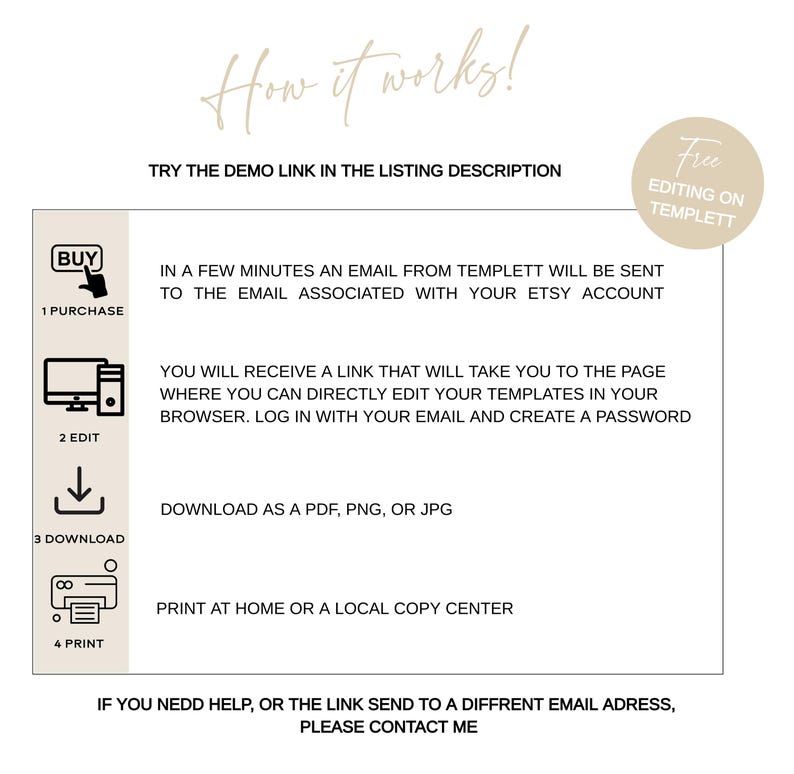 May include: A white graphic with instructions for a digital product, including purchase, edit, download, and print steps. The text reads "How it works!" and "Free editing on Templett". The image is designed to guide users.