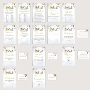 May include: A set of printable Winnie the Pooh baby shower game cards. The cards feature illustrations of Winnie the Pooh and his friends. The games include "Say Baby Around the World", "Guess the Sweet Mess", "Guess the Baby Food", "Time Capsule", "Family Traditions", "Diaper Raffle", "How Big is Mommy's Belly", "Parenting Tip Jar", "Books for Baby", and "Guess How Many Gummy Bears are in the Jar".