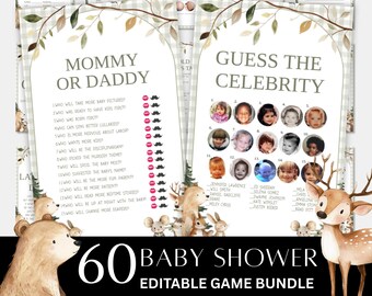 Woodland Baby Shower Bundle, Editable Printable Games, 60 Games Included